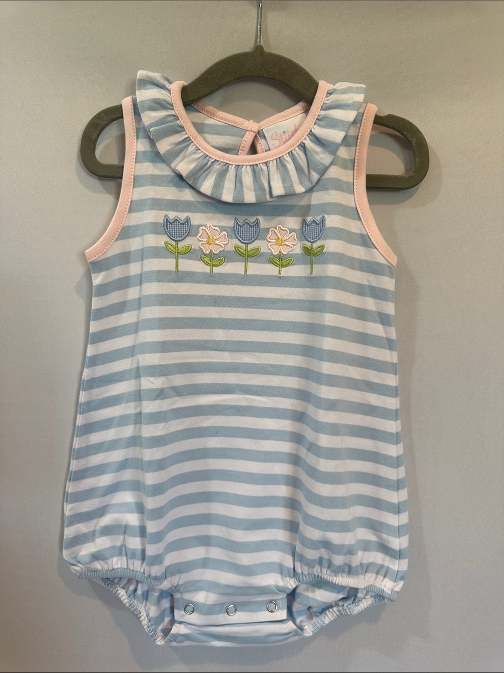 Striped Blue & White Floral Ruffle Romper with matching bow